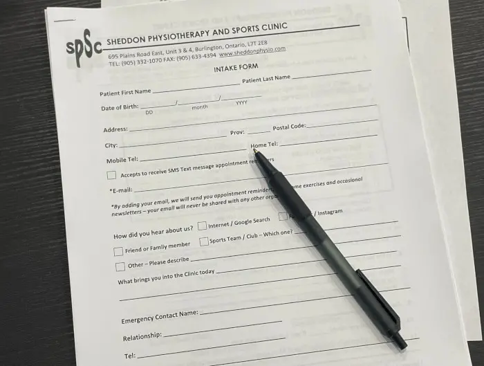 Sheddon Burlington physio clinic intake forms