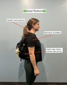 Student demonstrating good posture with backpack showing upright neck and retracted shoulders
